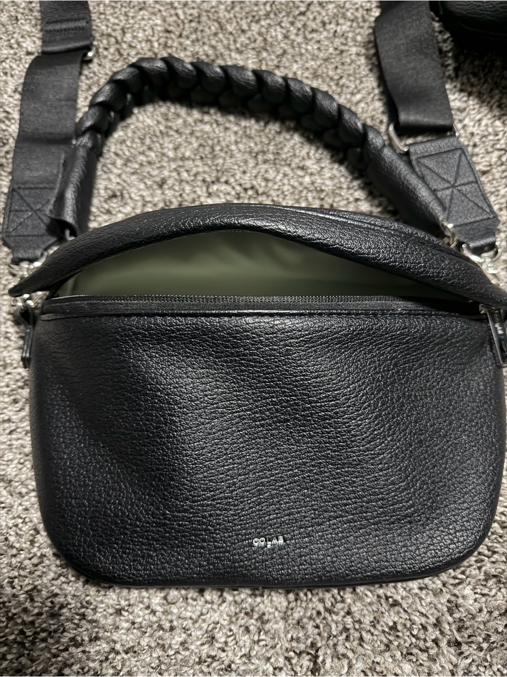 COLAB Black Pebbled Leather Crossbody with Braided Top Handle